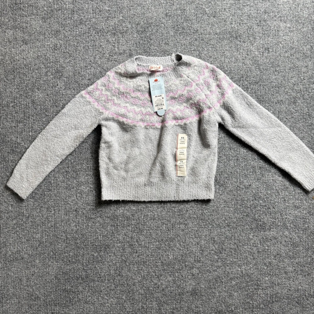 Cat & Jack Girls Sweater XS 4/5 Gray Pink White Fair Isle Knit Crew Neck